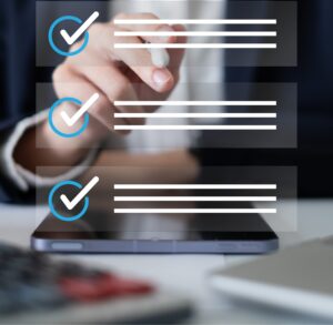 Professional entrepreneur businessman working in office check checklist form document report checkbox questionnaire task to-do list survey choice management quality control concept